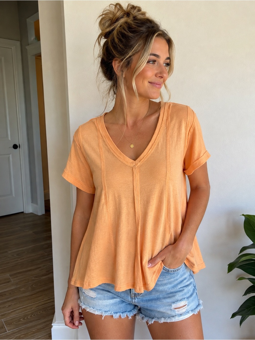 New It Peach V-Neck Short Sleeve Tee
